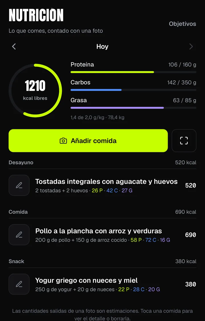 Pantalla Nutrición de GO360 con las kcal libres, la proteína, los carbohidratos y la grasa del día y las comidas apuntadas